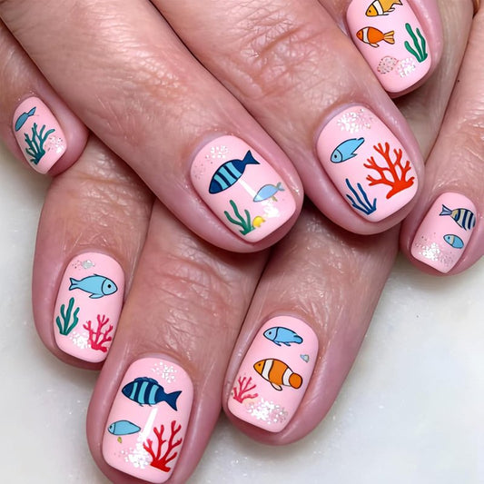 Press On Nails - Short Square Pink Fake Nails with Sea Fish Coral Designs | Glossy Glitter Reusable 24 Pcs