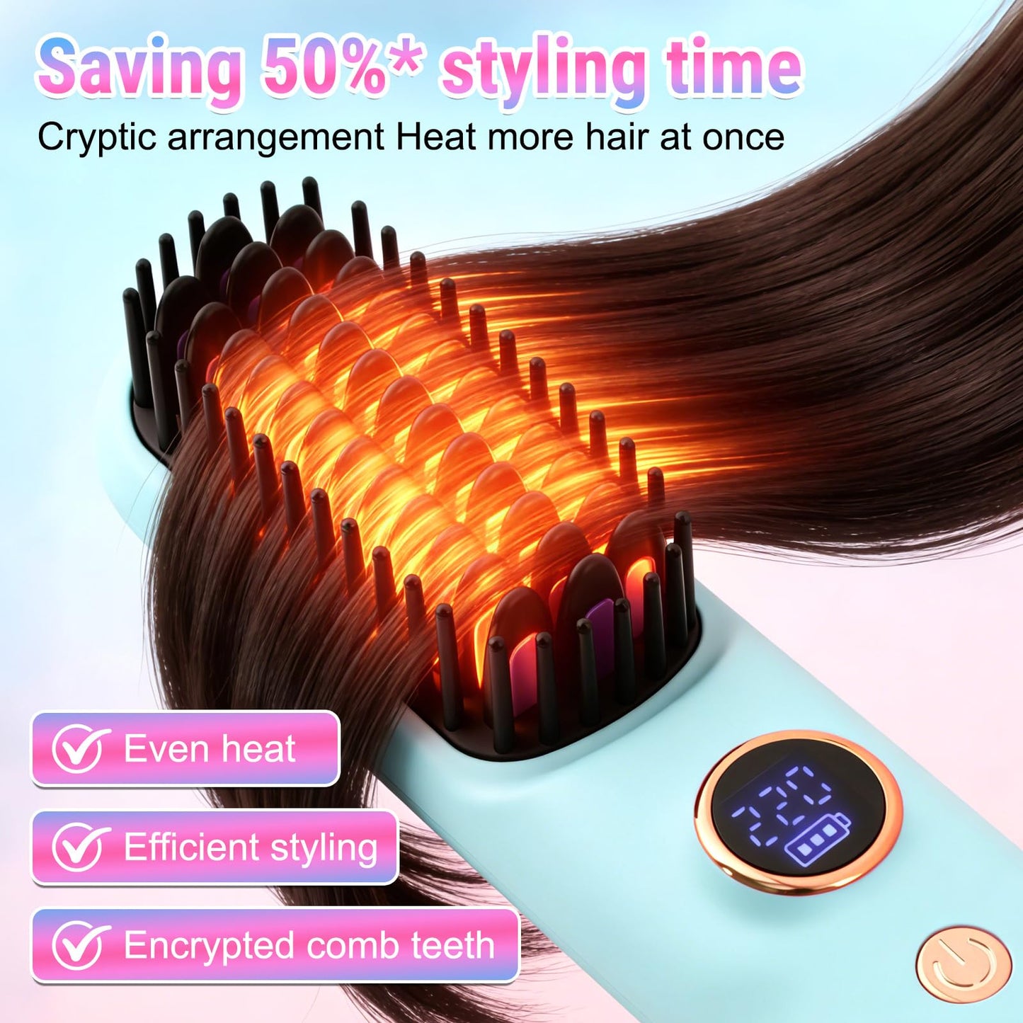 2026 Hair Straightener Brush, Cordless Hair Straightener Brush for Short Hair, Mini Portable Cordless Travel Straightening Hair Comb Brush with 9 Temps Fast Heating for Women (Blue)