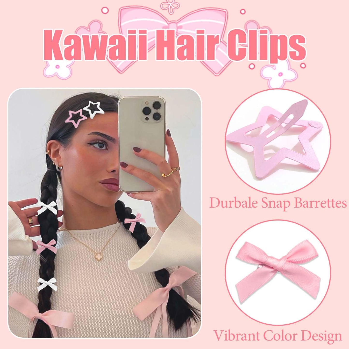STGDAK 24Pcs Star Hair Clips Pink Bows for Hair Mini Bow Clip White Ribbon Bows Long Tail Cute Star Clip Coquette Y2k Valentines Day Accessories Kawaii Bow Ribbons For Women Girls Valentines Gift