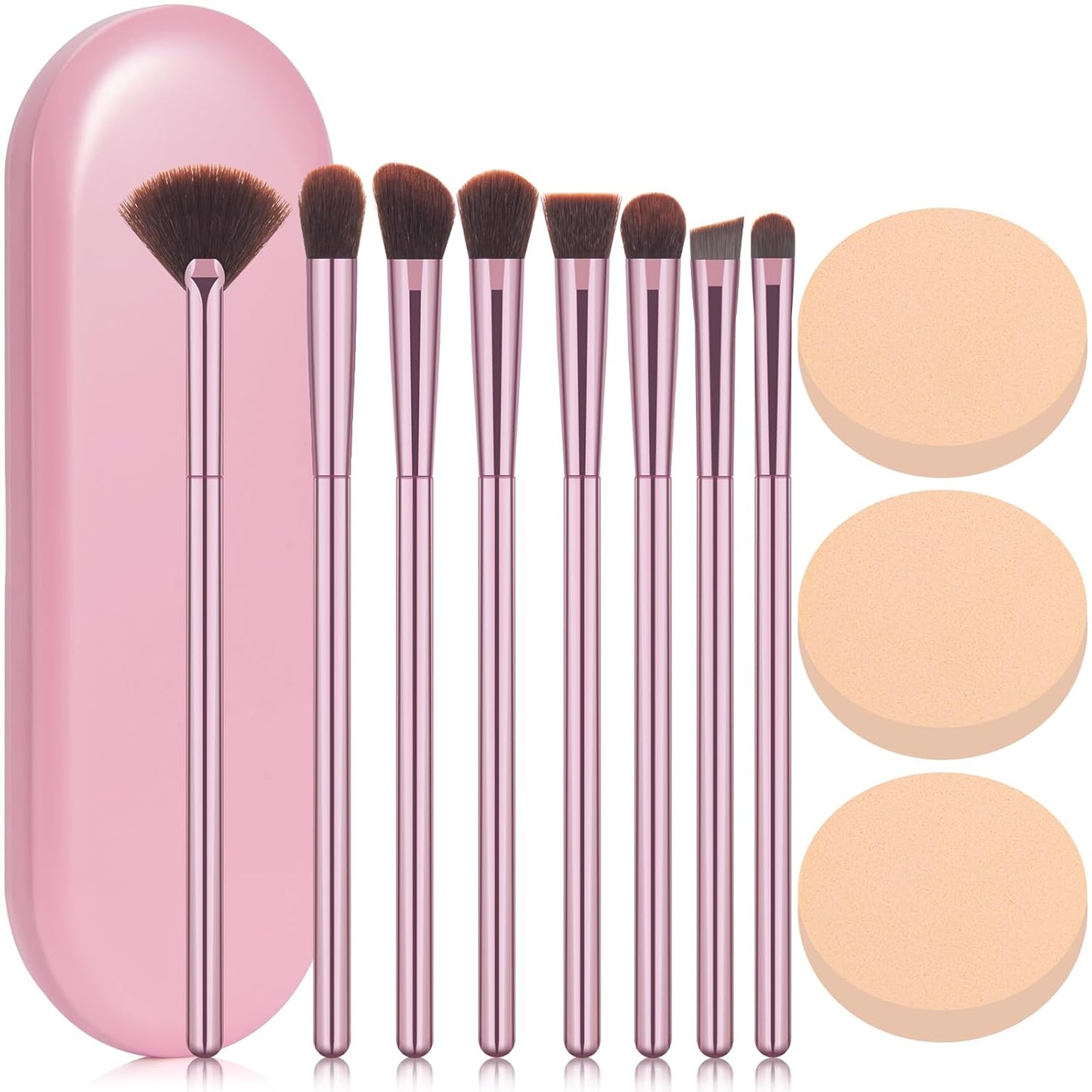 Makeup Brushes Set - 8Pcs Professional Eyeshadow & Eyebrow Brushes with 3 Powder Puffs | Pink Case