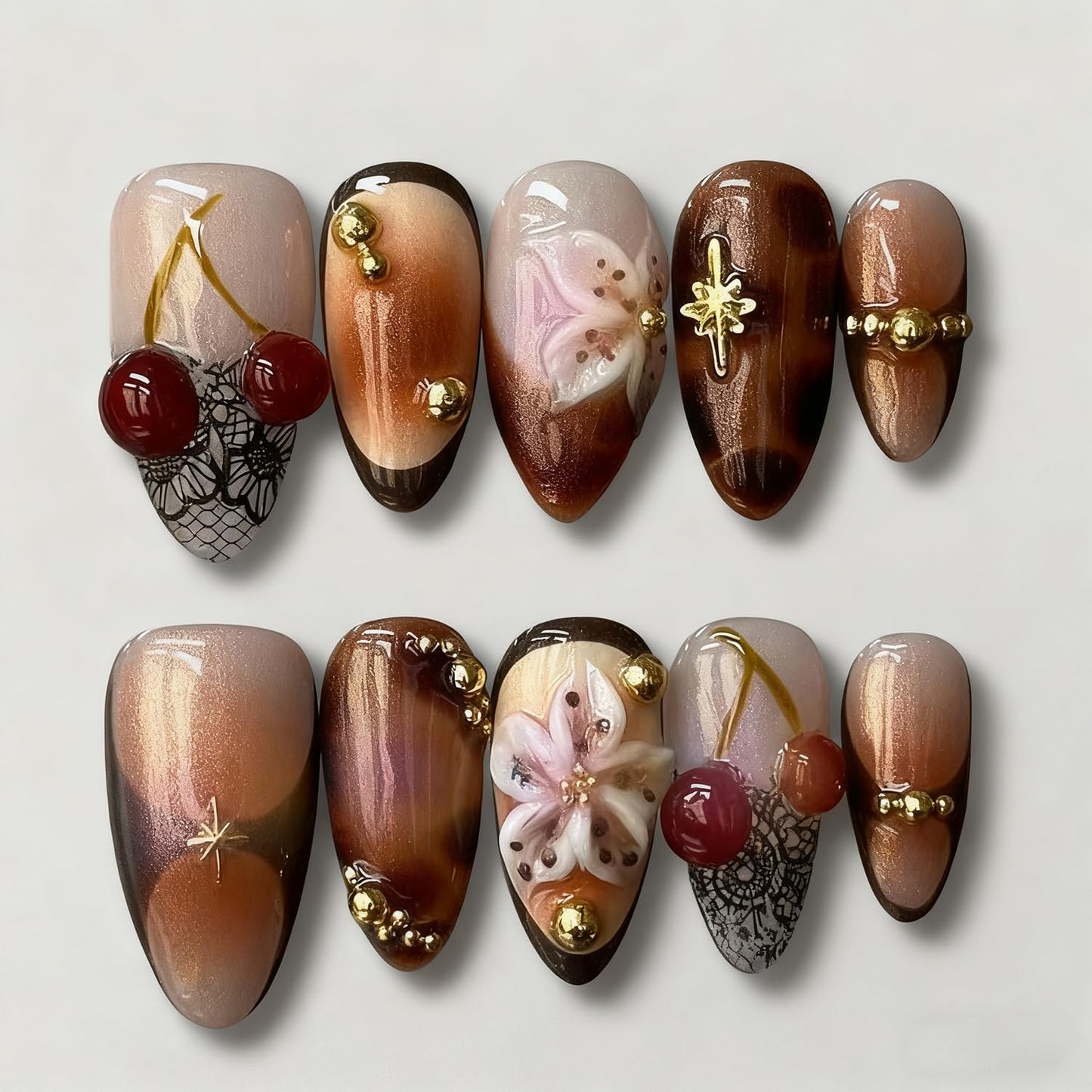 Christmas Press-On Nails - 24Pcs Medium Almond Acrylic with 3D Gold Snowflake & Floral Designs | Winter Red Full Cover