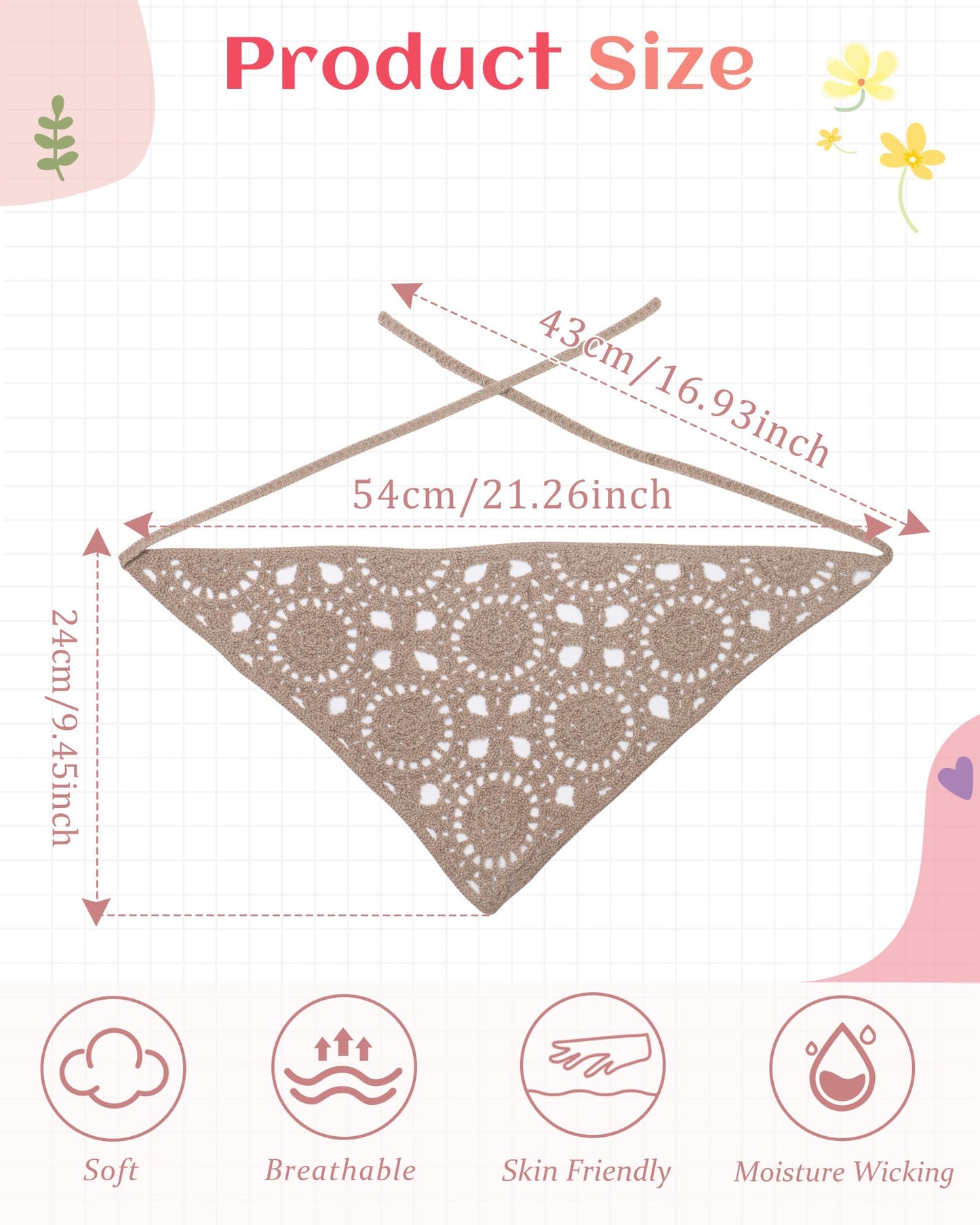 HAIMEIKANG Crochet Hair Bandanas for Women Knit Head Scarf Bandana Headband Scarf Tie-Back Floral Headscarf for Girls(White+Coffee)