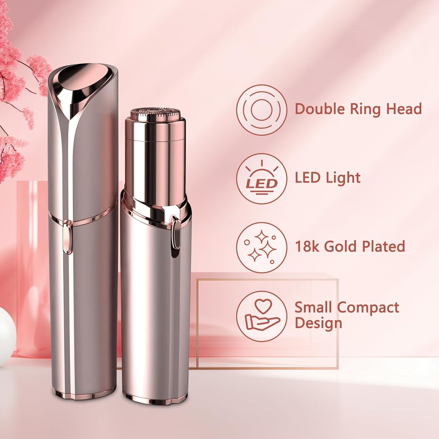 Facial Hair Remover for Women - Painless Electric Face Shaver with Light | Rose Gold Design
