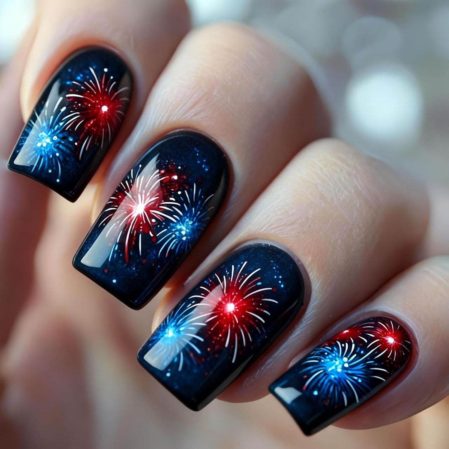 24Pcs 4th of July Press-On Nails - Medium Square Red, Blue & White Glitter Designs | Reusable Patriotic Acrylic Nails for Women