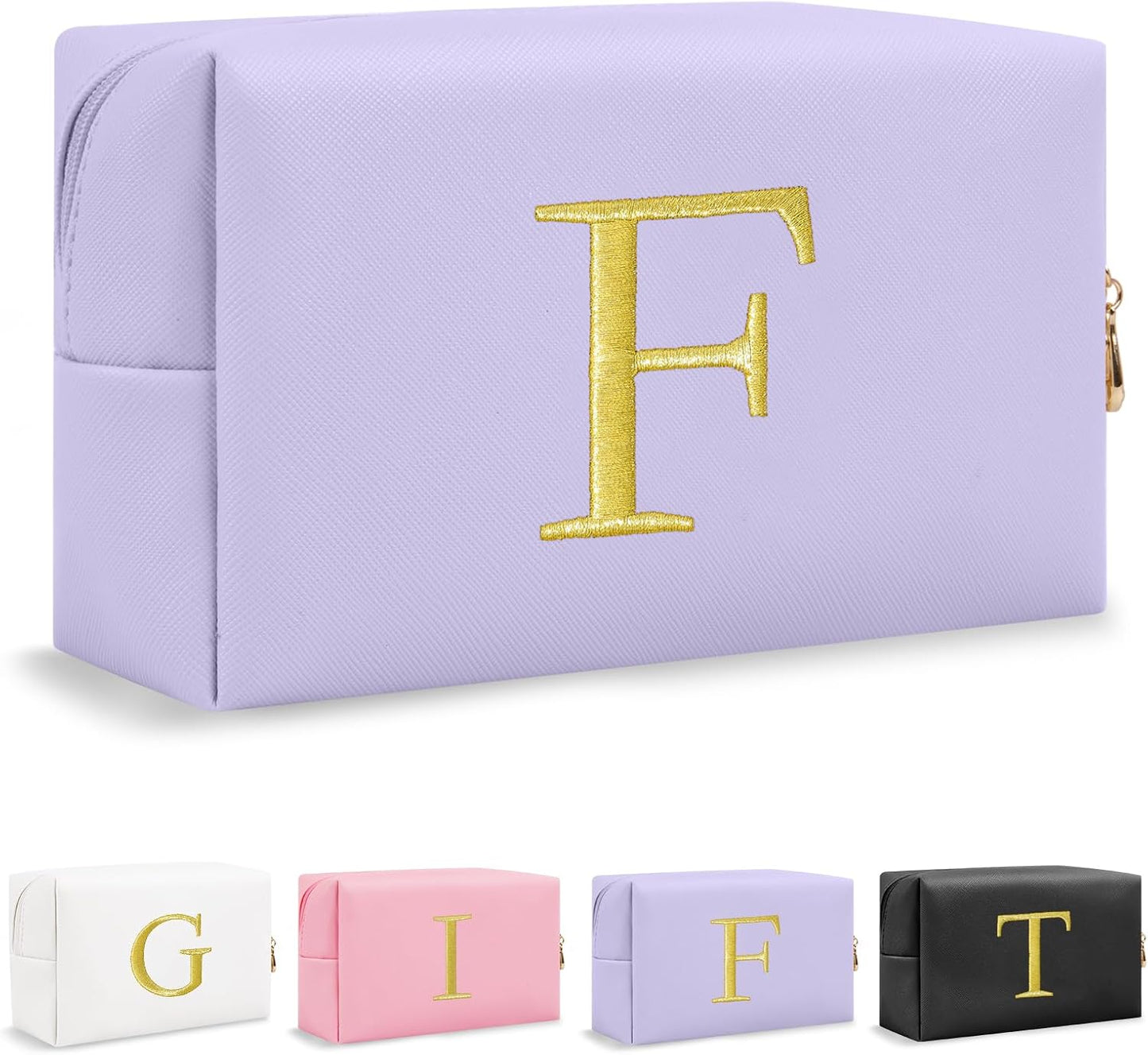 Personalized Initial Makeup Bag - Gold Embroidered Cosmetic Bag for Teens | Custom Travel Toiletry Bag (Black)