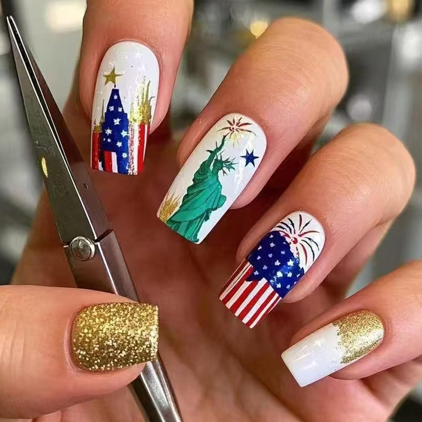 Independence Day Press-On Nails - Medium Square Glitter Acrylic Nails with American Flag Design | 24 Pcs Blue & Red