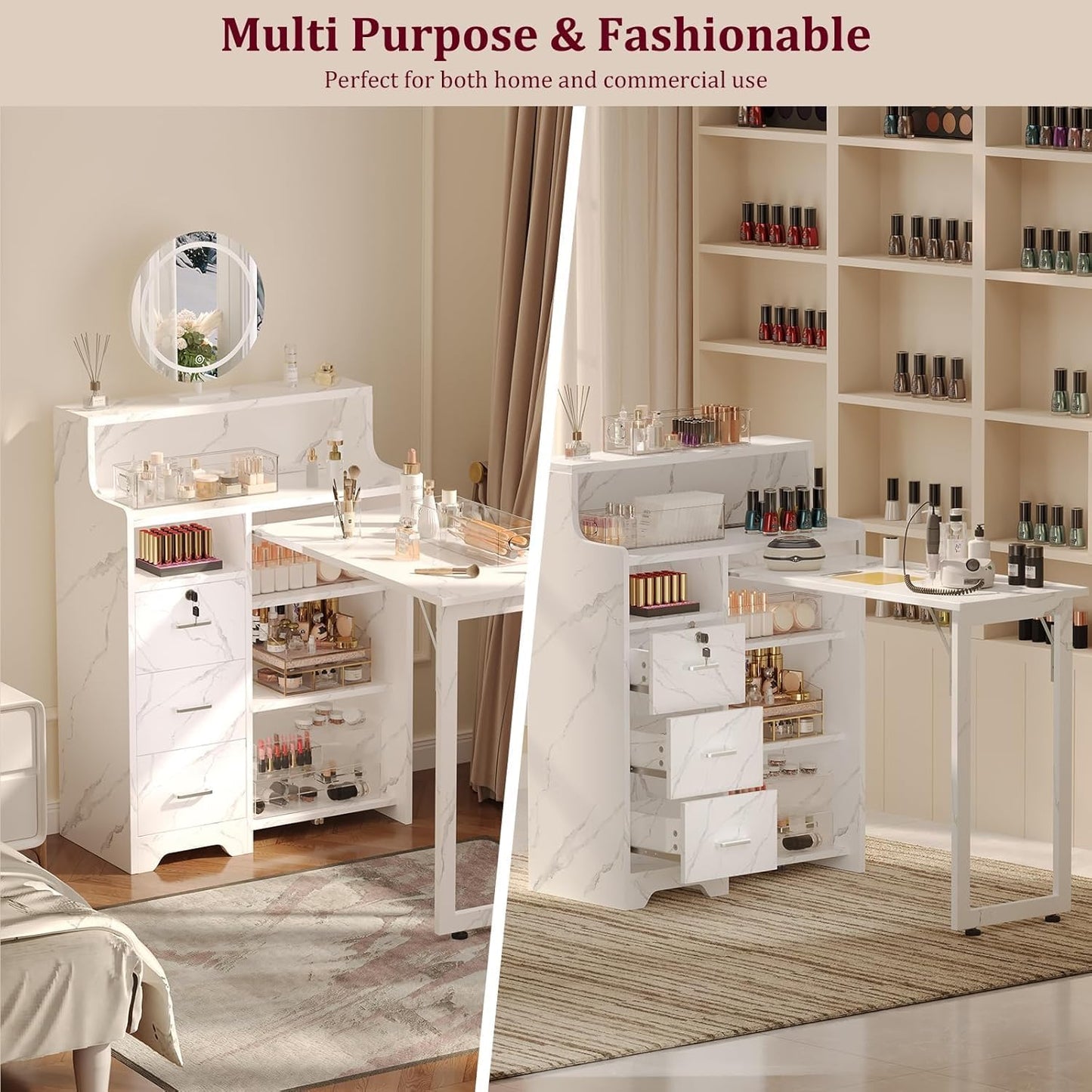 Foldable Nail Desk - L Shape Manicure Table with Cabinet Drawer & Charging Station | Portable Marble Beauty Salon Workstation