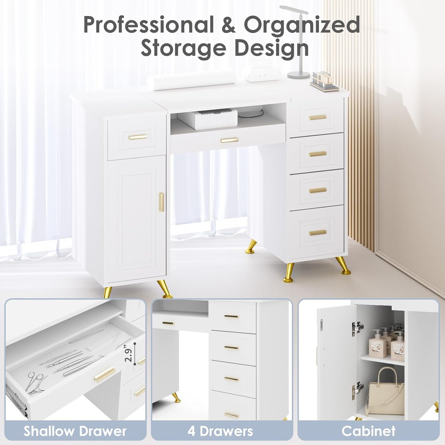 Manicure Table - Nail Tech Desk with Dust Collector & Storage | White Removable Panel Design for Salon or Home Studio