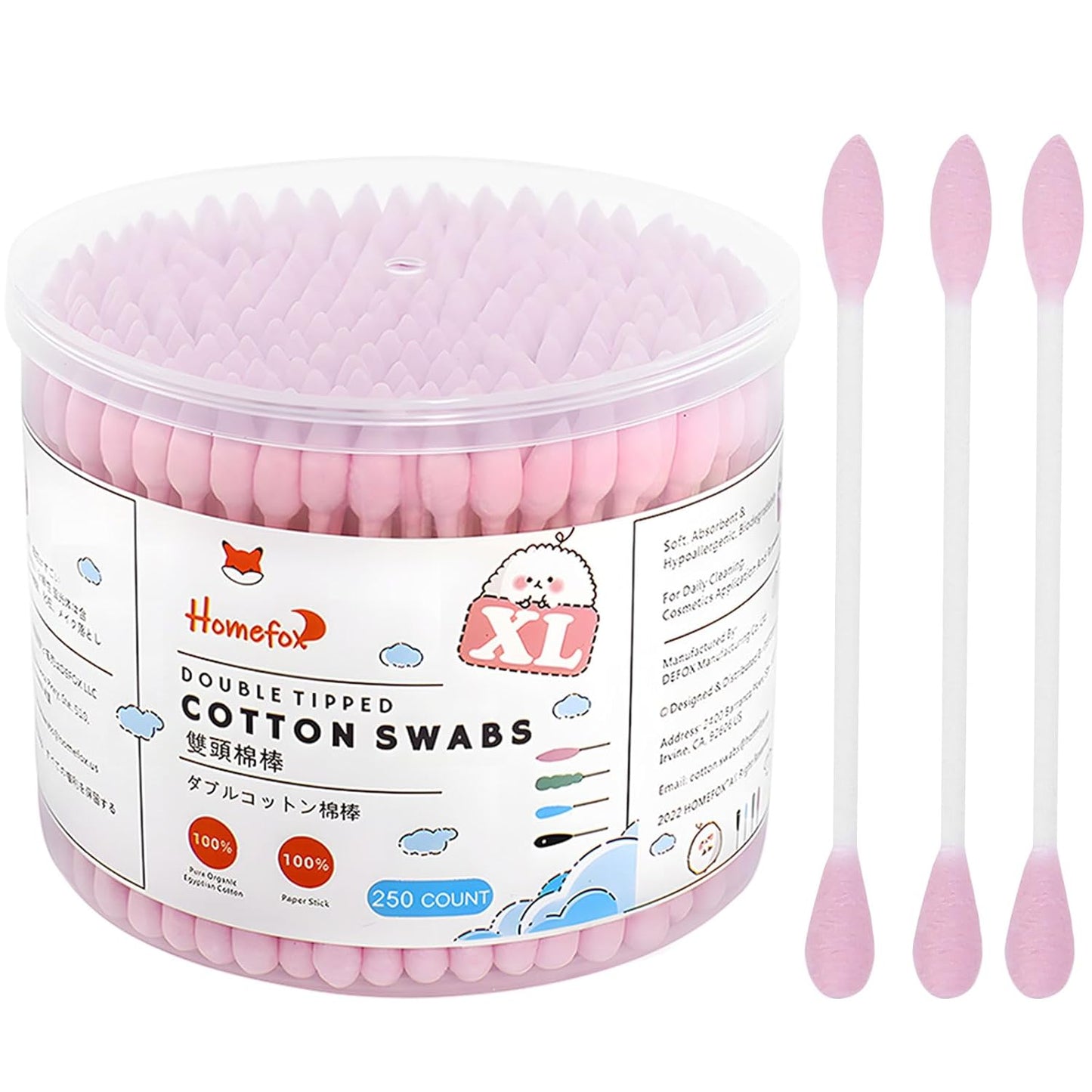 XL Pink Cotton Swabs - Pointed Precision Organic Buds | 250 Count Double-Sided Tips