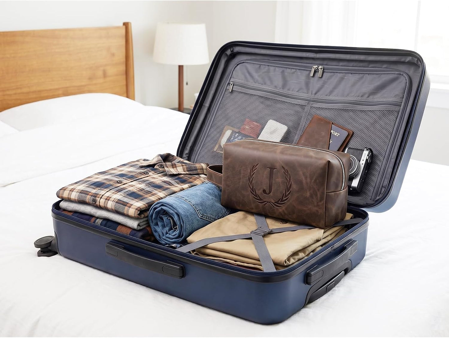 Personalized Leather Toiletry Bag for Men | Engraved Initial Waterproof Travel Bag - Dark Brown