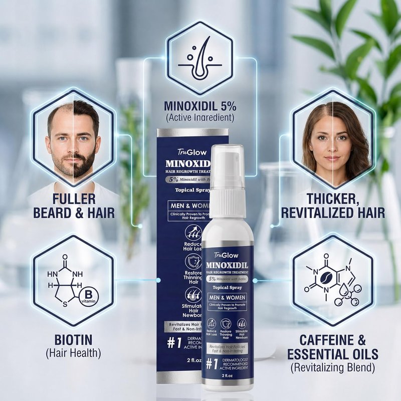 TruGlow 5% Minoxidil Hair Regrowth Treatment Spray - Unscented Scalp Solution for Thinning Hair | 2 oz