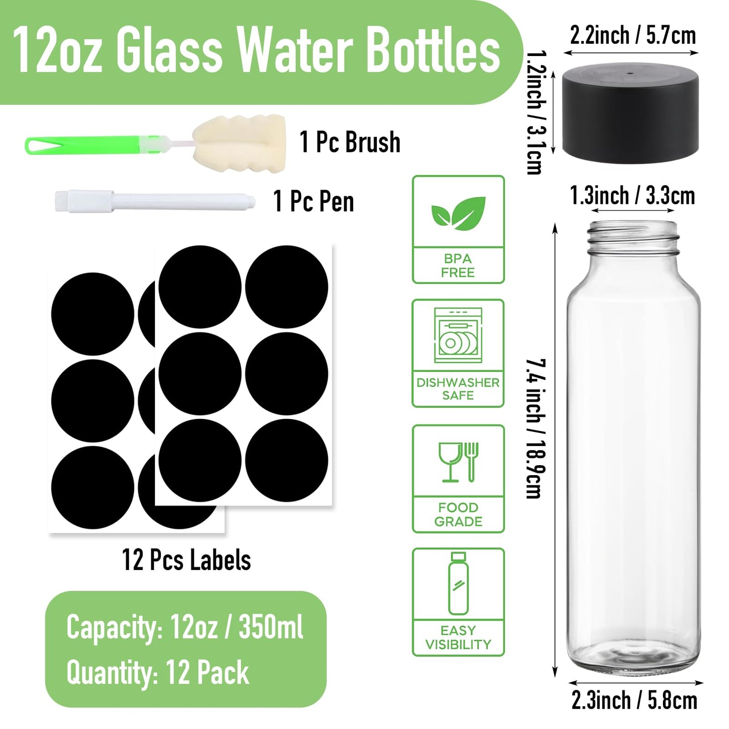 NEWMIAO 12Pack 12oz Glass Water Bottles with Lids, 350 ml Empty Glass Juice Bottles with Black Caps, Reusable Drink Containers Drinking Jars for Juicing, Milk, Beverages, Smoothies