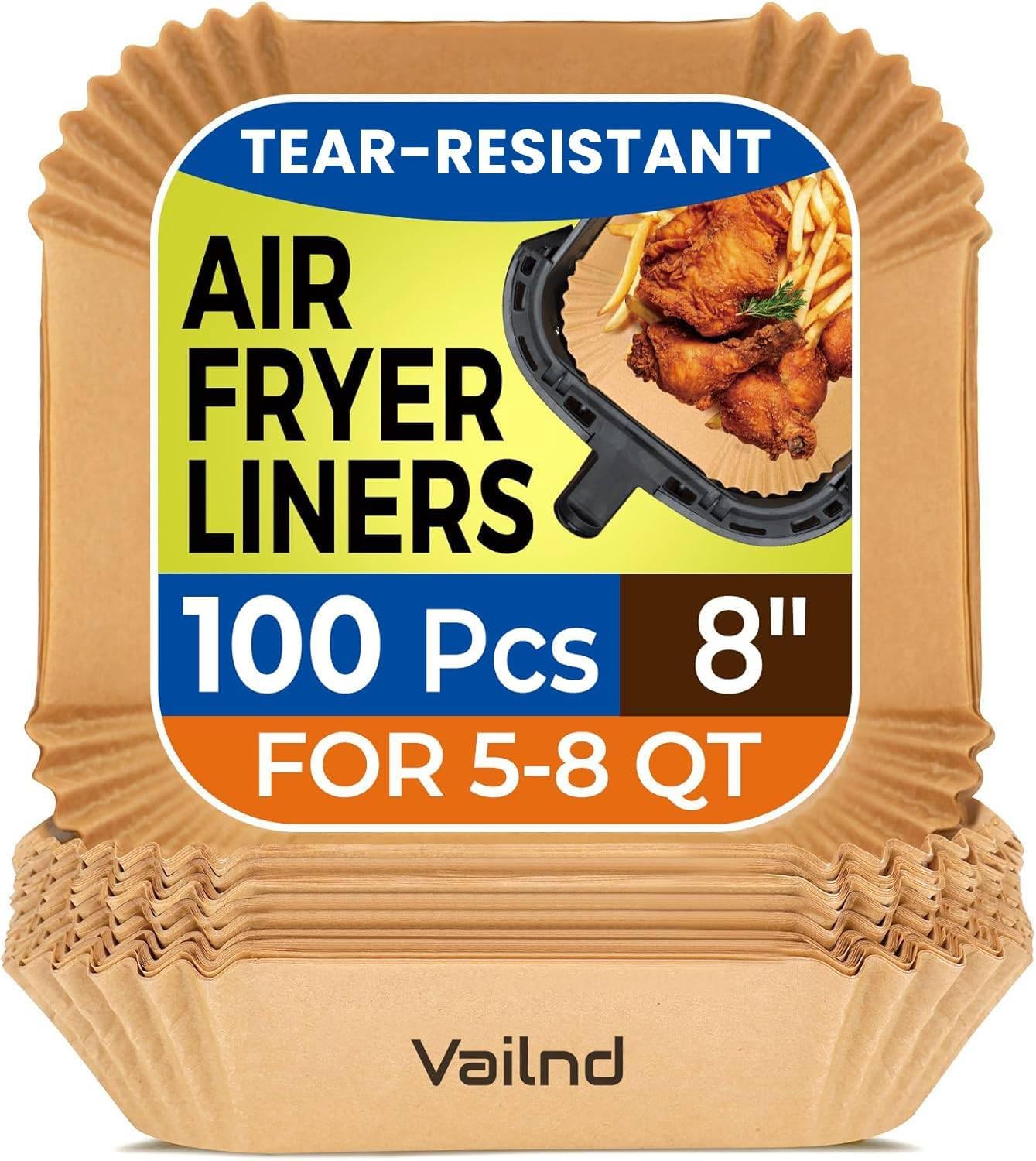 Air Fryer Paper Liners - 125 Pcs Non-Stick Parchment Paper for Microwave | 8-Inch Square, Bleach-Free