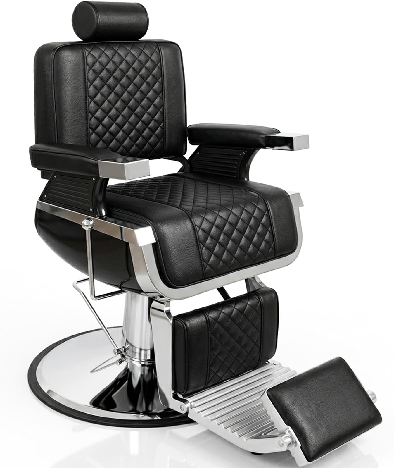 Reclining Barber Chair, Heavy Duty Barber Chair for Barbershop, Hydraulic Barber Salon Chairs, Eisenhower Diamond Stitch PU Leather, Adjustable Headrest & Footrest, 360° Swivel, Black and Silver