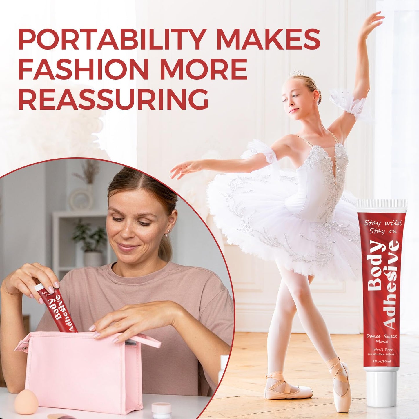 Body Glue Adhesive for Clothes and Skin, Liquid Butt Adhesive for Dancers, Fashion Tape Alternative for Low-Cut Styles for Women's Bras, Wigs, Stockings, Compression Stockings, Leotards, Costumes