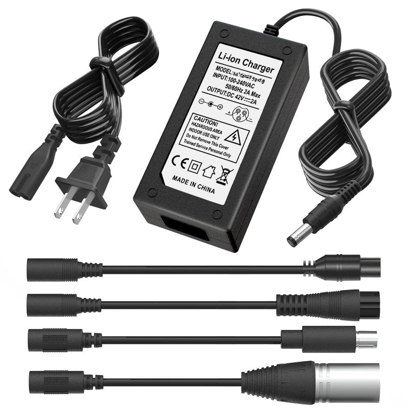 42V 2A Scoter Charger 5 Plugs for 36V Lithium Battery Pack DC 5.5 * 2.1 with 8mm 3 Prong/12mm 3 Prong Connector/8mm RCA/ 3-Pin Male XLR Connector,Universal 5 in 1 Charger Power Adapter