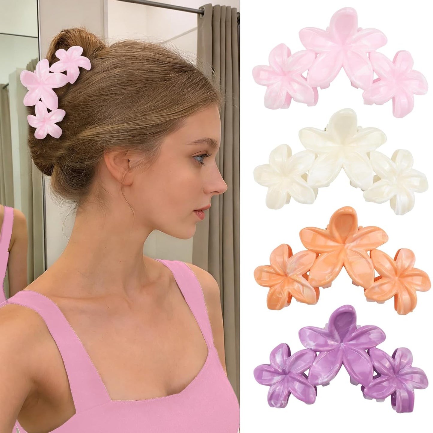 Cute Hawaiian Flower Claw Hair Clips - 4Pcs Large Clips for Thick or Thin Hair | Pink & Red Beach Accessories