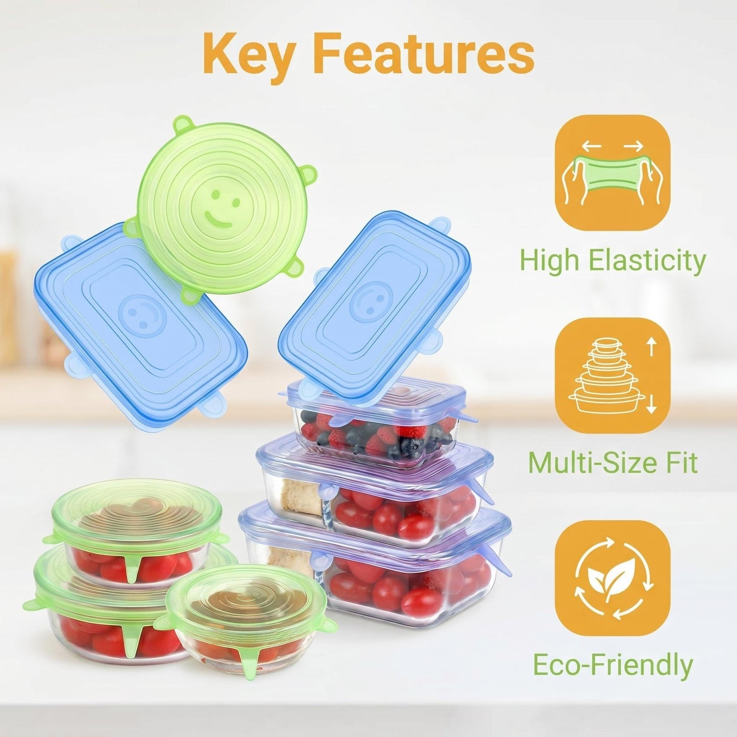 Silicone Stretch Lids 12 Pack, Reusable Food Grade Bowl Covers, 6 Sizes Round Rectangle for Food Storage Fridge
