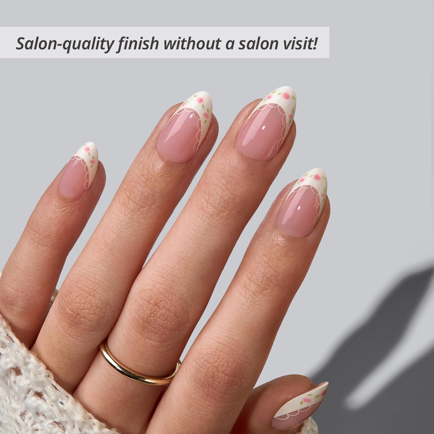 BTArtbox French Tip Press On Nails - Sunprint Dress, Lamp-Curable 4-Week Wear Pink Short Almond Press On Nails with Glue and Adhesive Tabs, Easy-to-Apply in 16 Sizes - 32 Nails All-in-One Kit