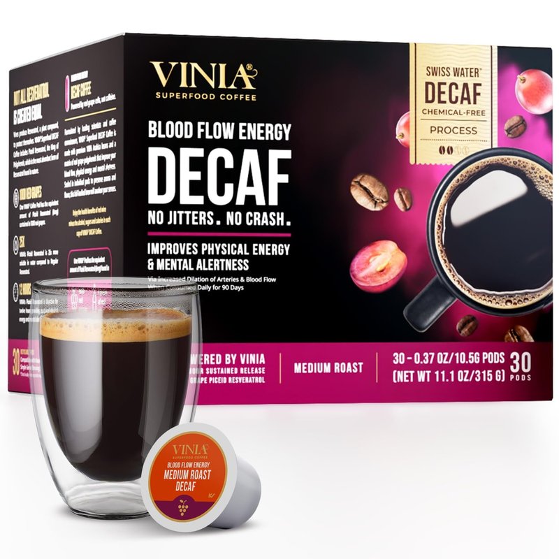 VINIA Decaf Medium Dark Roast Coffee with Red Grape Piceid Resveratrol, Nitric Oxide for Heart Health, Alertness, Physical Energy & Blood Flow Circulation. 30ct K-Cup Pods