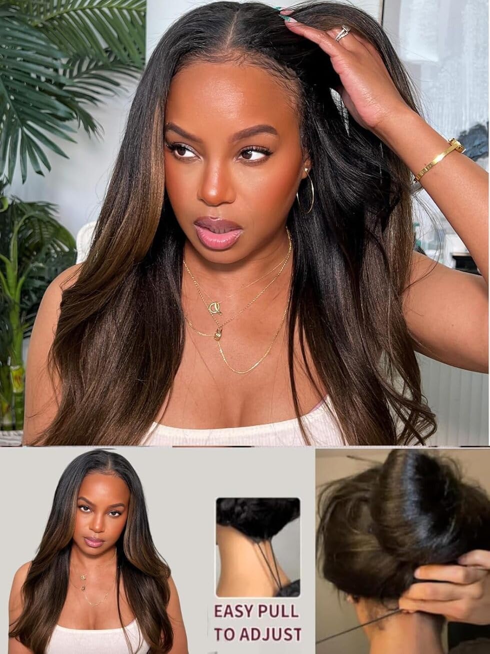 UNICE Chestnut Brown Ombre Yaki Straight 7x5 Pre Cut HD Lace Front Wigs Human Hair with Drawstring Bye Bye Knots Glueless Wig Pre Plucked Bleached Knots Natural Hairline 150% Density 20 inch