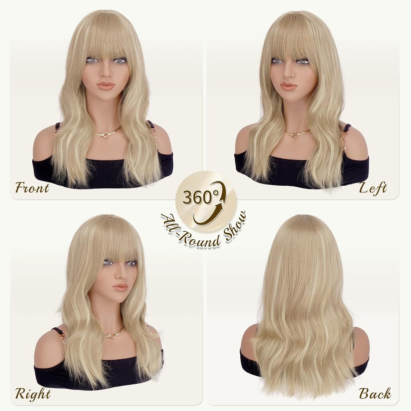 Blonde Wigs with Bangs - 19-Inch Natural Wavy Synthetic Hair | Heat Resistant Medium Length, Dirty Blonde