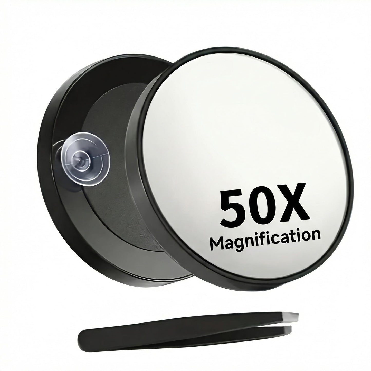 50X Magnifying Makeup Mirror, Small Round Cosmetic Tool with Suction Cups and Tweezers, Portable Handheld Mini Compact Mirror for Precision Pore Extraction Eyebrow Plucking and Travel Black