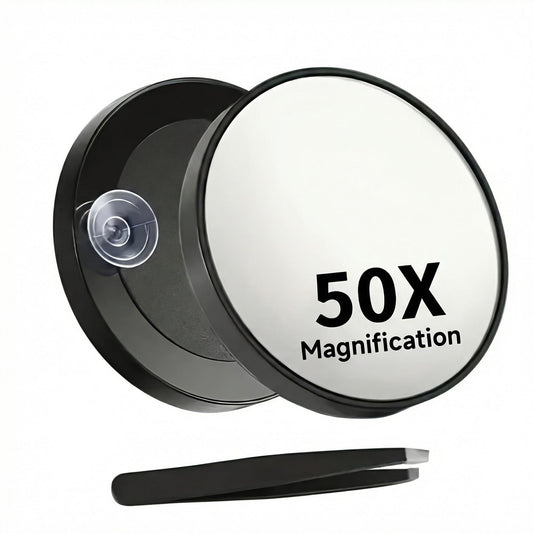 50X Magnifying Makeup Mirror, Small Round Cosmetic Tool with Suction Cups and Tweezers, Portable Handheld Mini Compact Mirror for Precision Pore Extraction Eyebrow Plucking and Travel Black