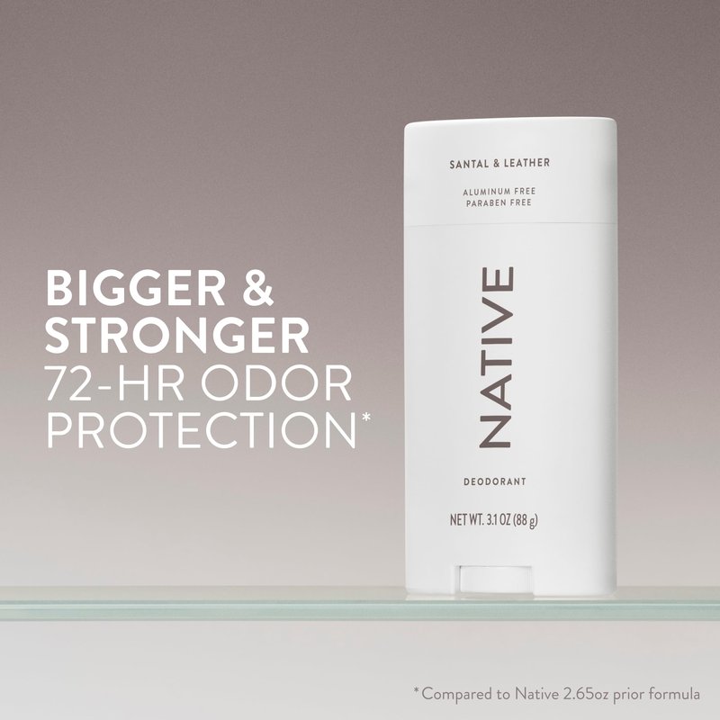 Native Aluminum Free Deodorant, Santal & Leather, Large Size Stick, 72 Hour Odor Control, for Women & Men, Contains Naturally Derived Ingredients, 3.1 oz