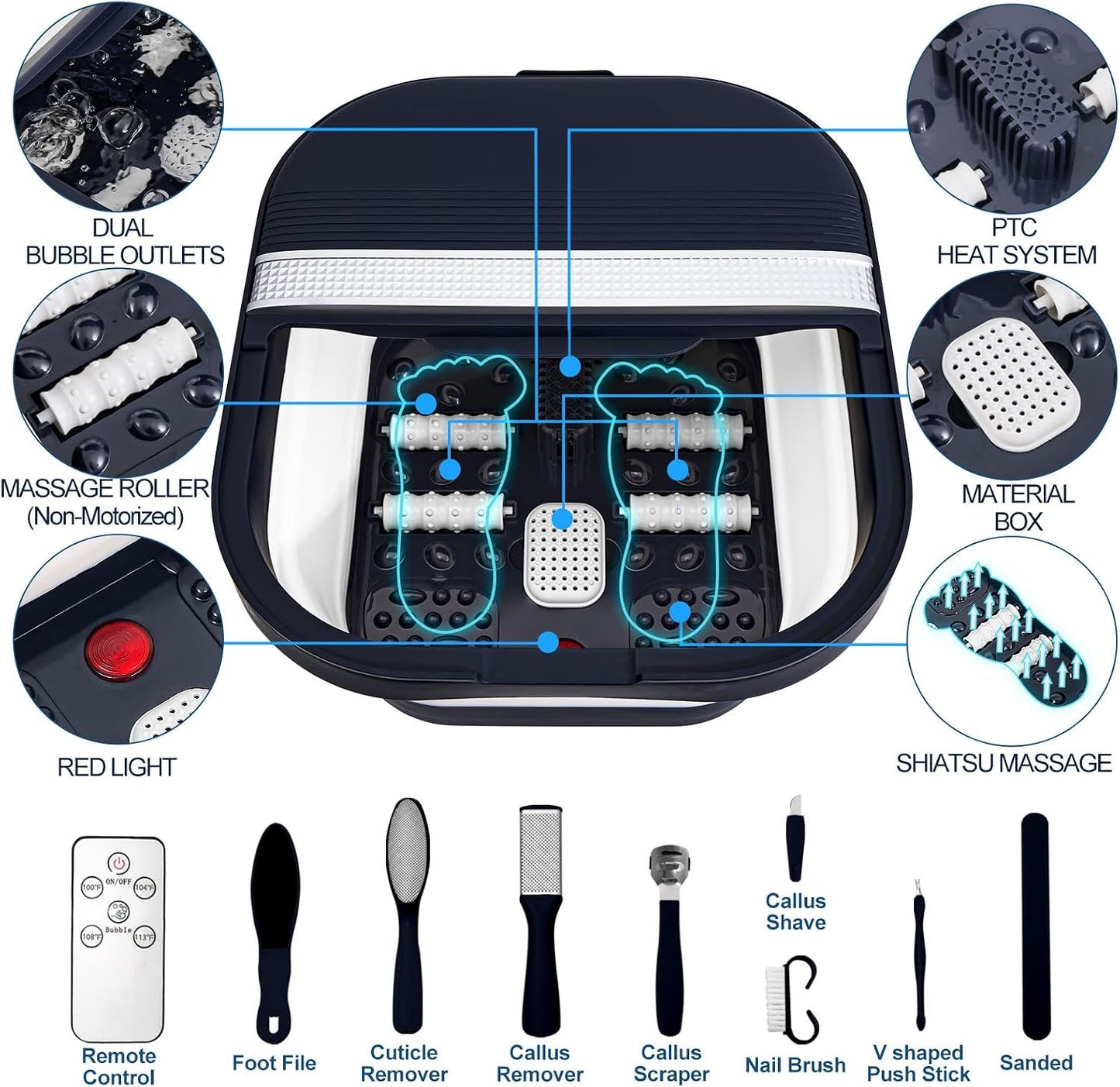 Collapsible Foot Bath Spa with Heat & Remote Control - Massage Rollers & Red Light | Perfect Foot Pedicure Kit