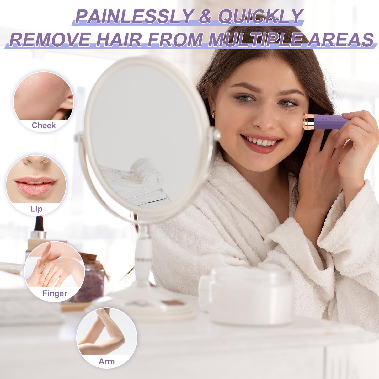 Lurini Facial Hair Remover for Women, Painless Rechargeable Hair Removal Device, Comes with 2 Replacement Heads, Portable Electric Shaver/Razors for Face, Chin, Upper Lip, arms and Peach Fuzz (Pink)