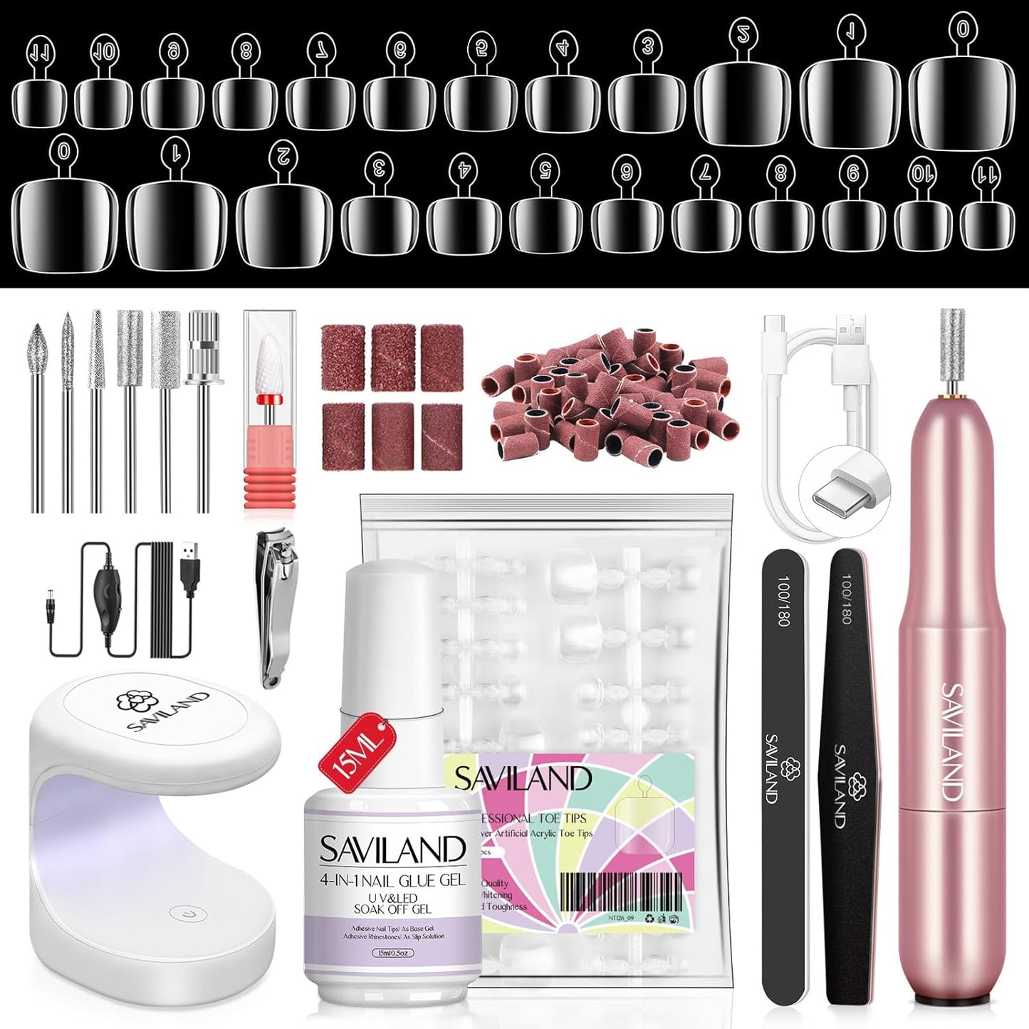 Acrylic Nail Kit with Drill & UV Light - Clear, Pink, Black & Red Powder & Gel Polish for DIY Nail Art