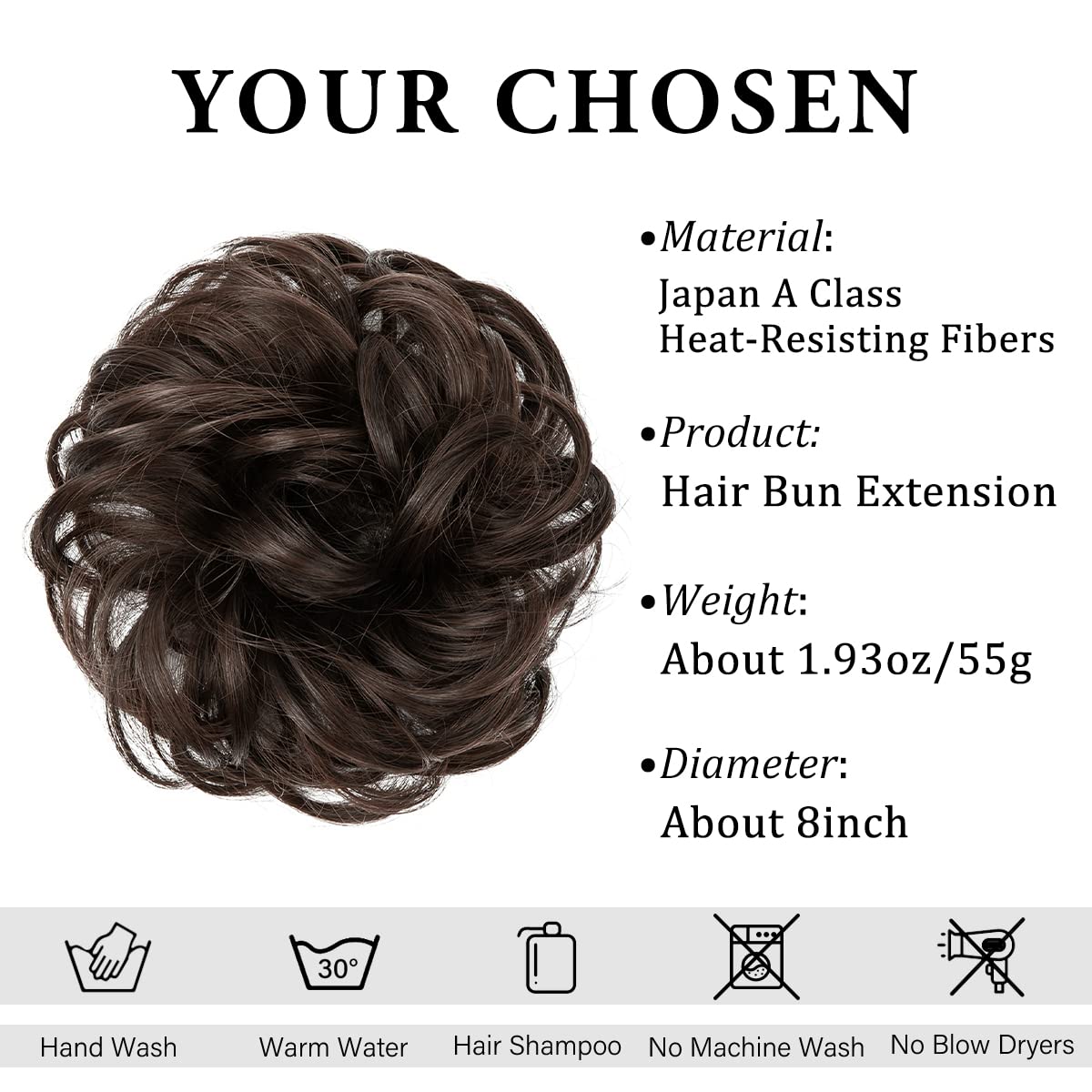 Large Messy Bun Hair Piece - Wavy Curly Synthetic Chignon Ponytail Extensions for Women | Dark Brown