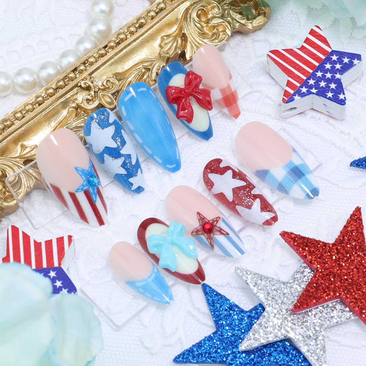 24Pcs 4th of July Press-On Nails - Medium Almond French Tip with Red, White & Blue Glitter Stars | Patriotic Acrylic Nail Designs