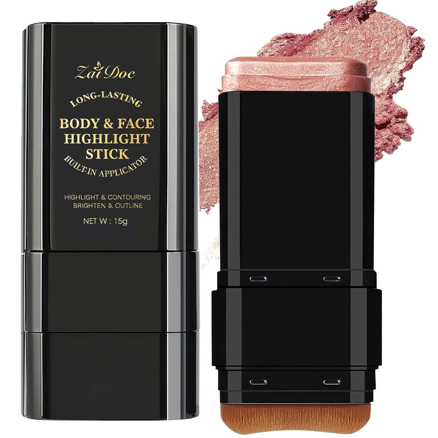 Golden Shimmer 2-in-1 Body Stick - Cream Bronze Highlighter with Blending Brush | Long-Lasting Glow, 0.51oz