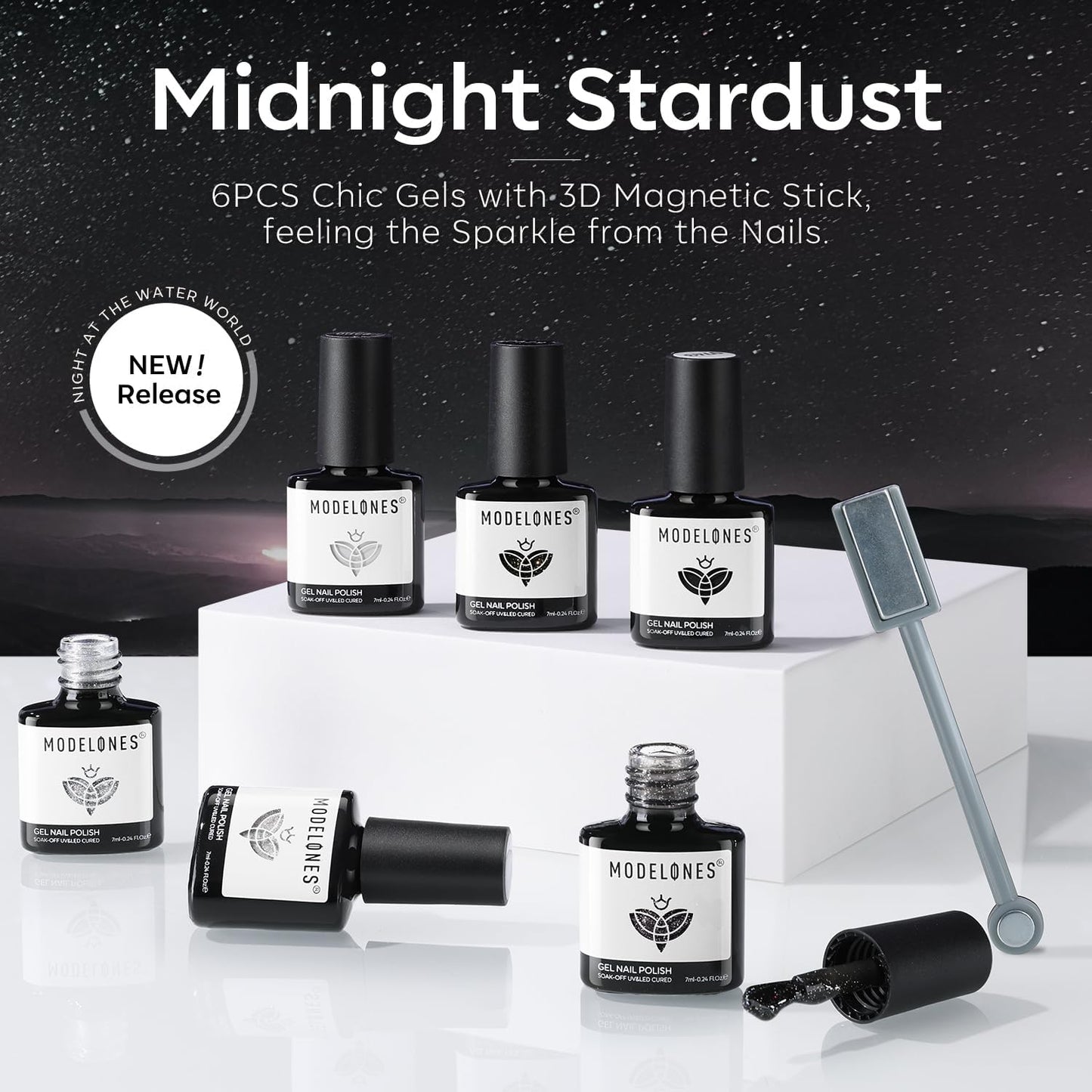 modelones Gel Nail Polish Set, 6 Colors Cat Eye Black White Gray Silver Glitter Shimmer Gel Polish Kit with Magnet Sparkle Galaxy Series Soak Off Nail Art Manicure Home Gift for Women Girl