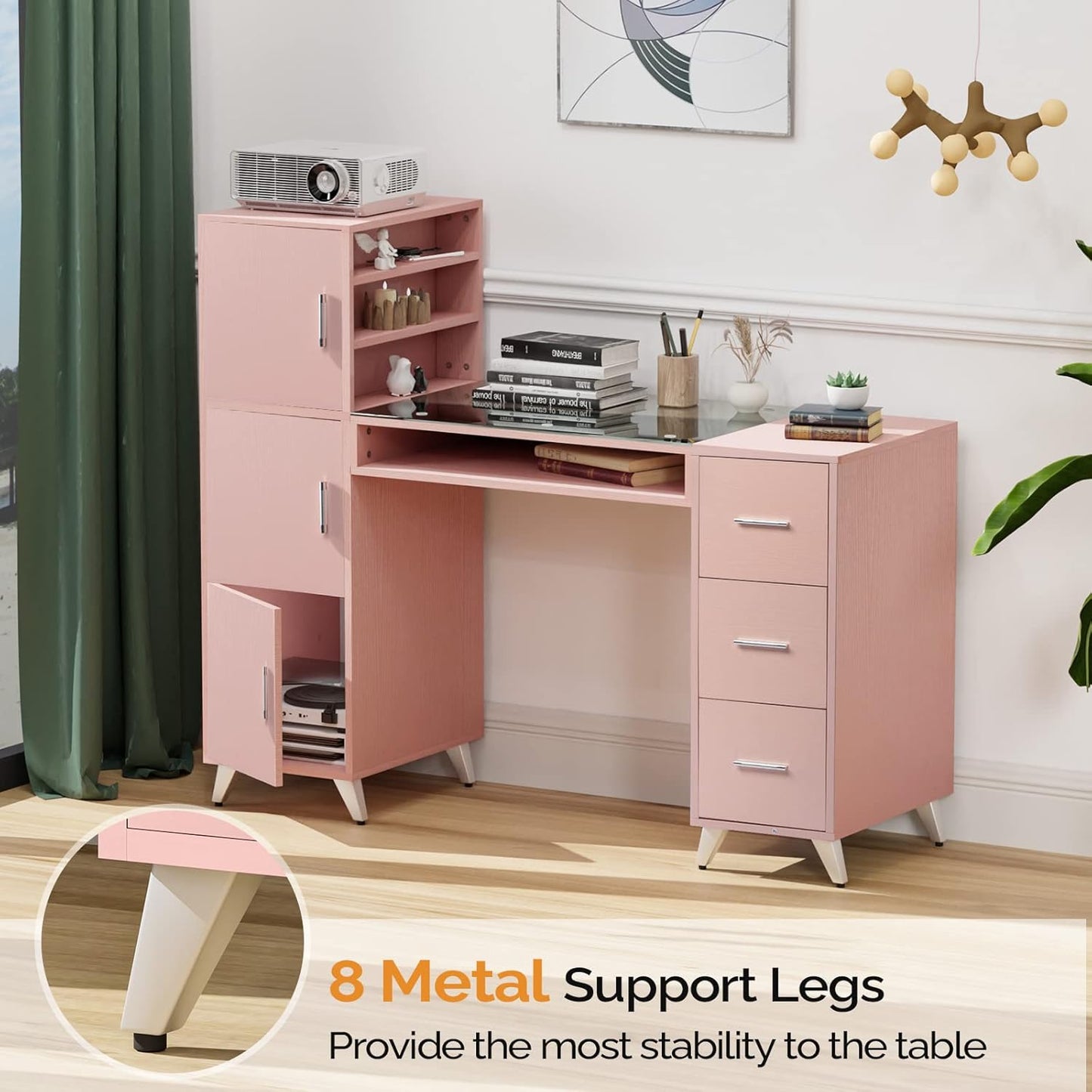 OmySalon Manicure Table - Nail Desk with Glass Top & Wrist Rest | Acetone Resistant, 3 Cabinets & Drawers