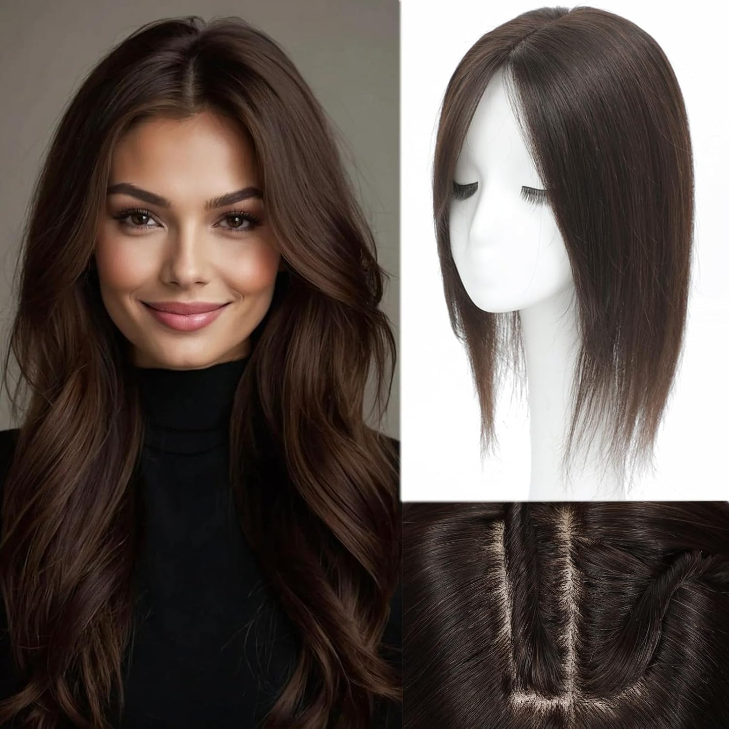Real Human Hair Hair Toppers for Women - 14 Inch Clip-In Curtain Bangs | Mocha Brown, 360° Coverage
