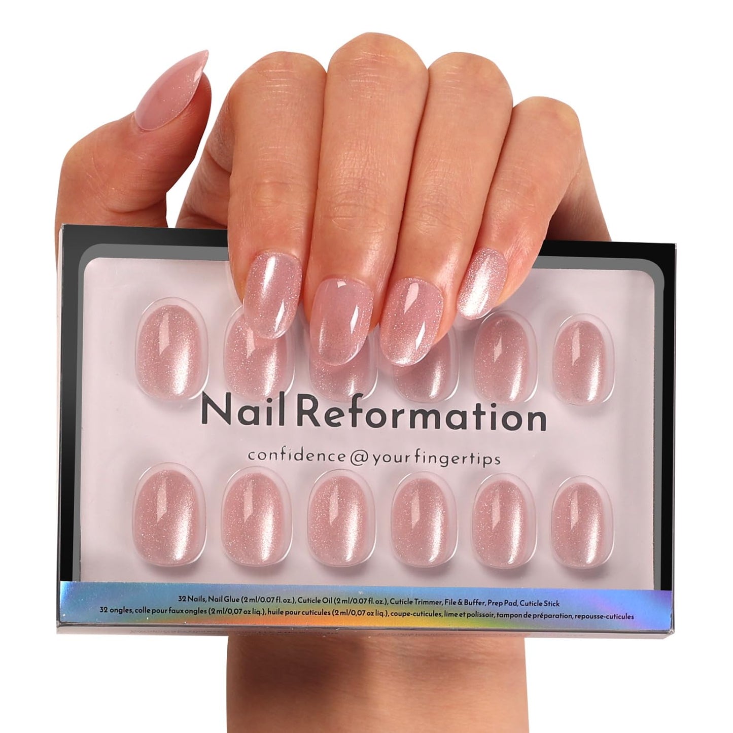 Nail Reformation Press On Nails, Soft Pink Shimmer Extra Short Round Fake Nails with Velvet Cat Eye, Reusable Stick On Nails Kit - 32 Pcs in 16 Sizes with Glue, Salon Quality, Manicure Gifts for Women