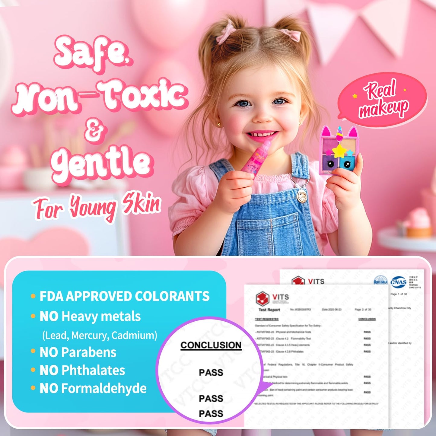 ULOVEME Talc-Free Kids Real Makeup Kit for Little Girls - Mica-Based Safe Formula, Real, Non Toxic, Washable - Ideal for 4 5 6 7 8 Years Old Girls Birthday, Dress Up Party