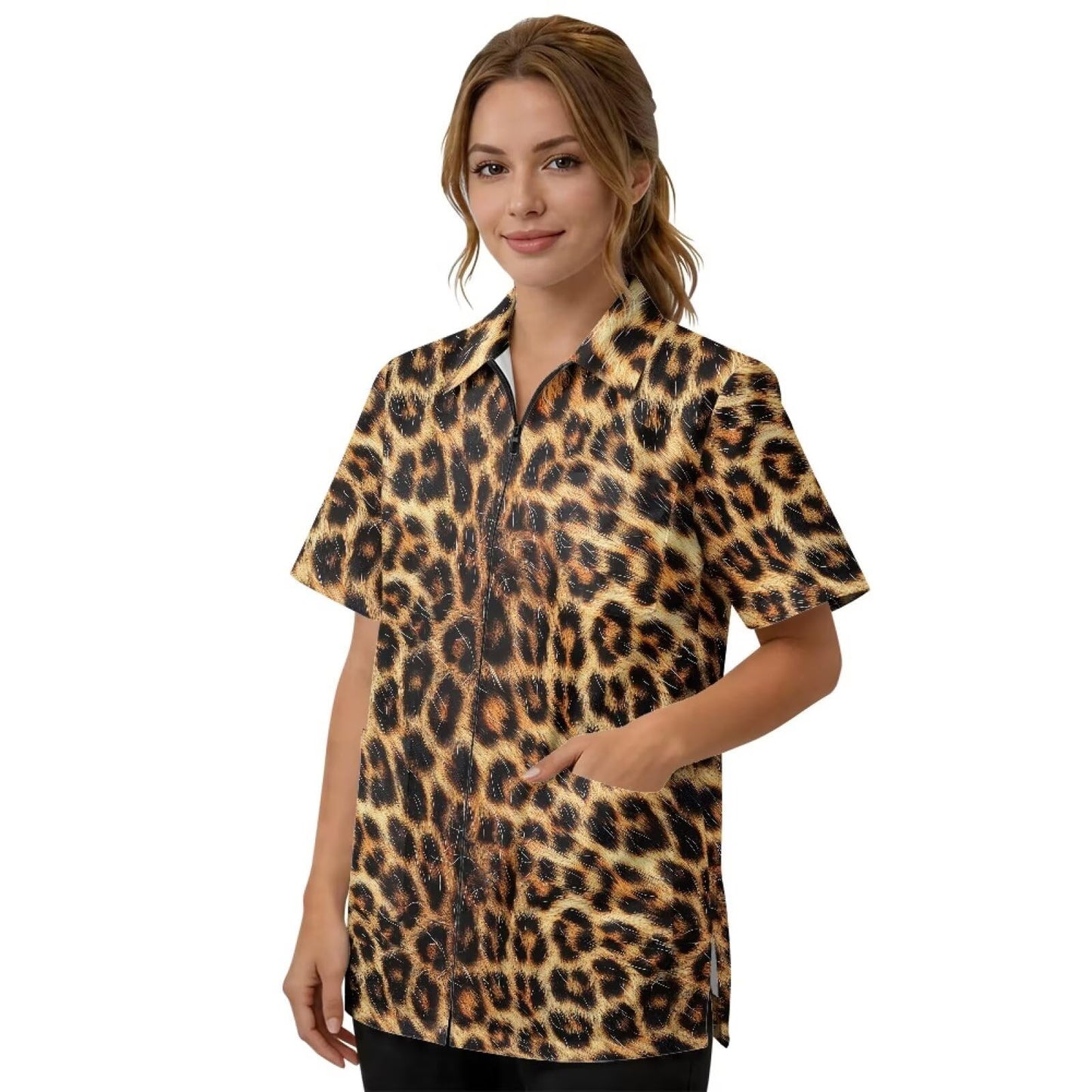 Srengjodk Leopard Print Jacket For Barber Unisex Waterproof Hairstylist Aprons For Women, Grooming Smocks With 3 Pockets Quick-Dry Hair Stylist Work Vest Apron L XL