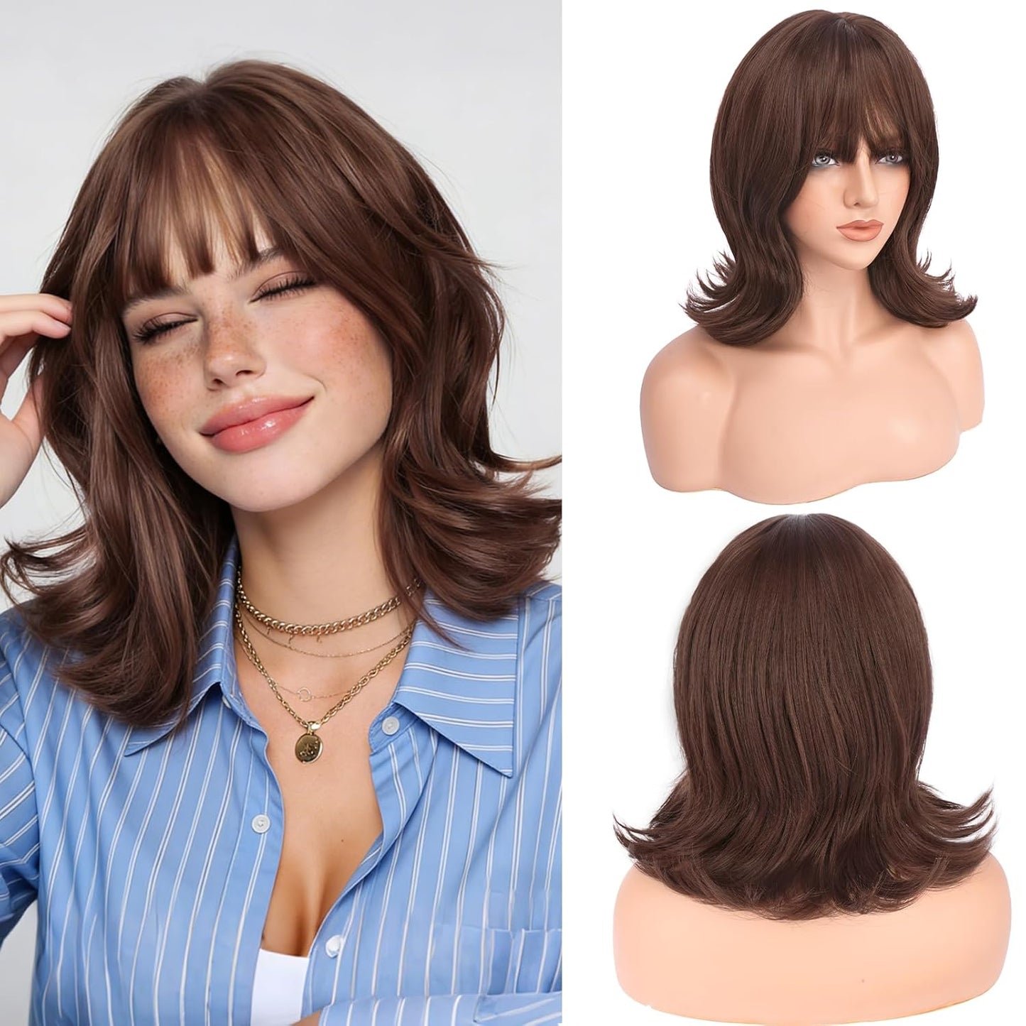 Brown Short Bob Wig with Bangs - Wavy Layered Synthetic Hair for Women | 14 Inch Natural Look with Highlights