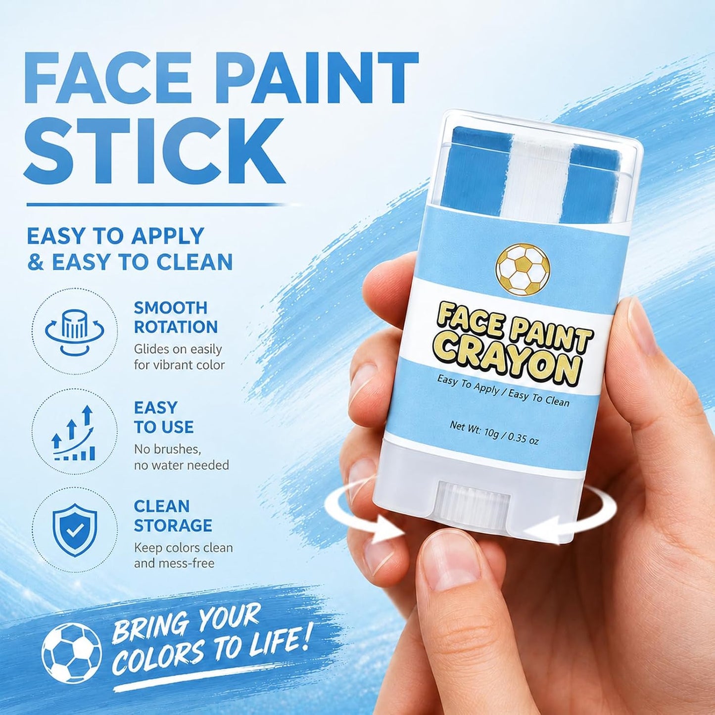 Argentina Face Paint Stick - Blue & White Soccer Fan Body Paint Crayon | Sweatproof, High Pigment for Football & Rugby Events