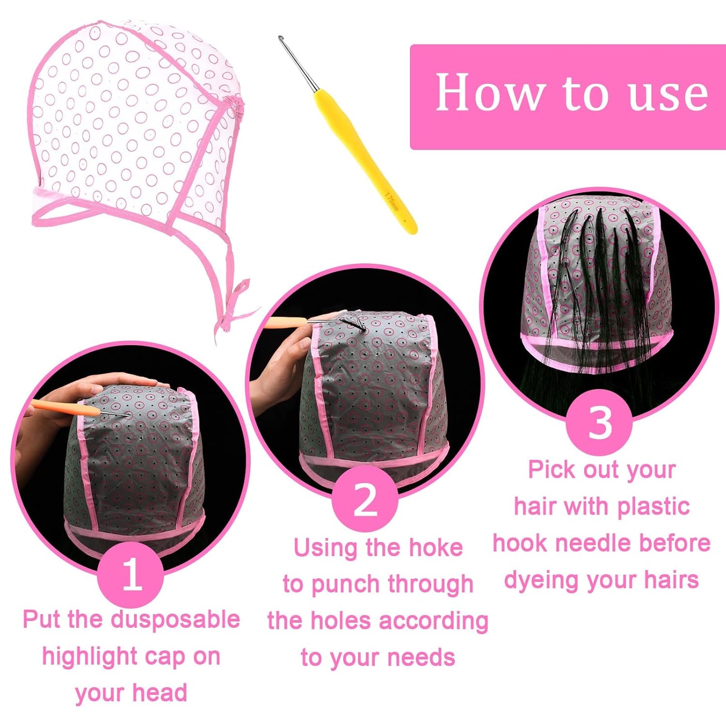 Highlight Hair Cap Set - 6 Pieces Salon Hair Coloring & Dyeing Tools with 4 Crochet Needles | Purple, Blue, Pink