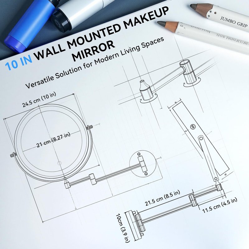 10'' 30X/1X Wall Mounted Lighted Makeup Mirror, 5000mAh Rechargeable Double-Sided Magnifying Mirror with Light, LED Vanity Mirror Touch Dimmable 3 Colors 360° Rotation Extended Foldable Arm, Black