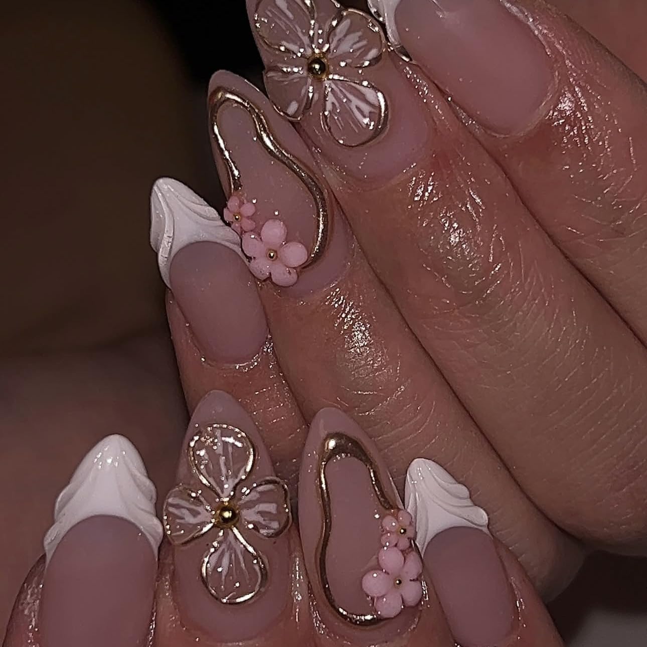 French Tip Press-On Nails - 24Pcs White Wave Almond Design | 3D Gold Foil & Pink Flowers