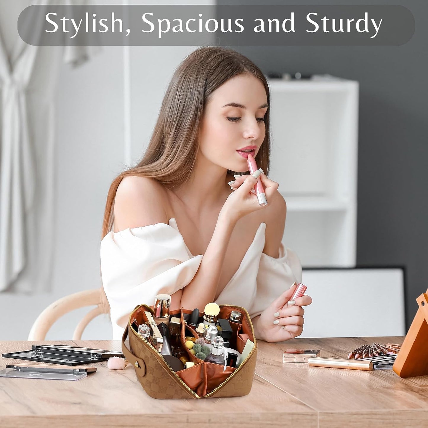 Travel Cosmetic Bag - Large Capacity Waterproof PU Leather Makeup Organizer with Dividers & Handle | Checkered Design