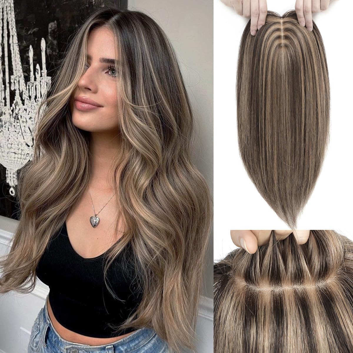Aimeolyn Hair Toppers for Women - 16-Inch Real Human Hair | 8x8 Inch Big Base Coverage