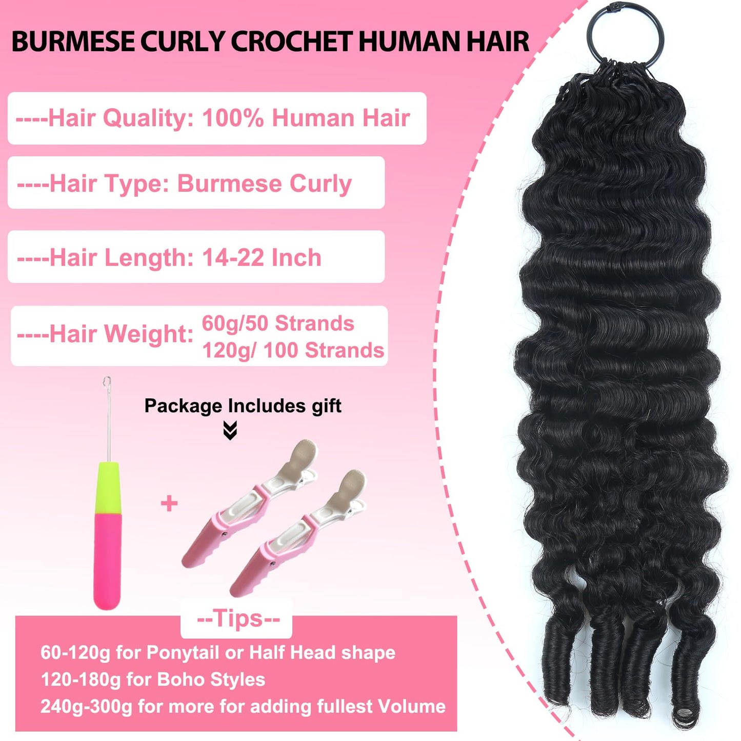 Burmese Curly Crochet Human Hair Bundles 20 Inch 60g 50 Strands Pre Separated Invisible Miracle Knots Feather Crochet Hair for Black Women Lightweight Reusable Feathered Crochet Human Hair Extensions