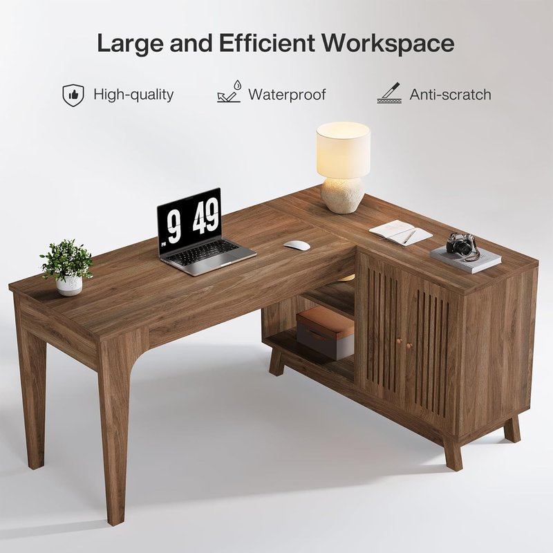 L Shaped Desk with Storage Cabinet - 57" Modern Corner Computer Desk | Space-Saving Wood Writing Desk for Home Office